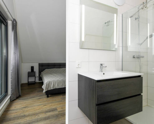 helles bad mit quadratischem spiegel sowie dunkles waschbecken dusche und helles schlafzimmer mit holzboden